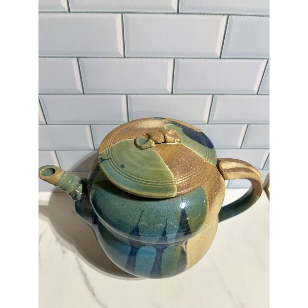 Studio Pottery Hand Thrown Teapot Blue Earth Tone Drip Glaze Signed Artisan Tea